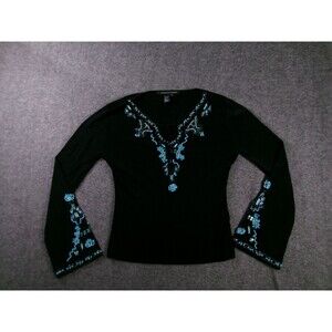 Michelle Nicole Top Womens M Black Embellished Beaded Sequin V Neck Bell Sleeve